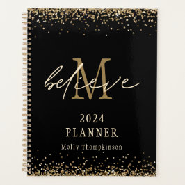 Glaube Gold Glitzer 2024 Monogramm Name Schwarz Planer