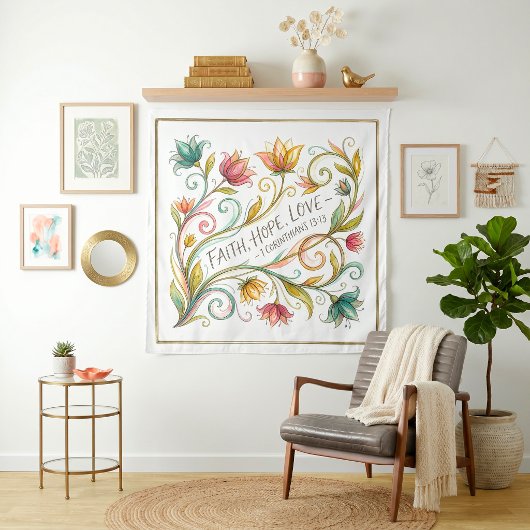 Glaube Hoffnung Liebe floral Wandteppich