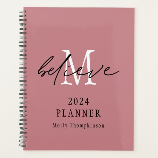 Glaube Script 2024 Monogramm Anfangsname Rosa Planer (Vorderseite)