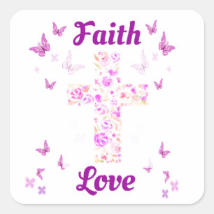 Glaube und Liebe Kreuz der Rose mit rosa Butterfli Quadratischer Aufkleber