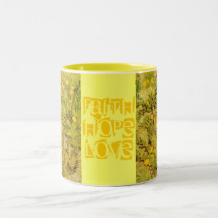 Glauben-Hoffnungs-Liebe-Monogramm-Rebe Gogh gelbe Zweifarbige Tasse