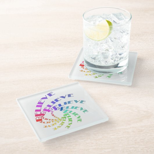 GLAUBEN inspirierende Motivation Text Wörter Glasuntersetzer (Schrägansicht)