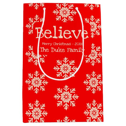 glauben | Schneeflocken-Muster | Rot und Weiß Mittlere Geschenktüte (Vorderseite)