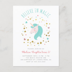 Glauben Sie an die Magic Gold Stars Unicorn Girl G Einladungspostkarte