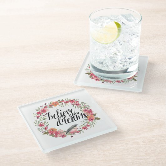 Glauben Sie an Ihre Träume Bird Pink Blume Glasuntersetzer (Schrägansicht)
