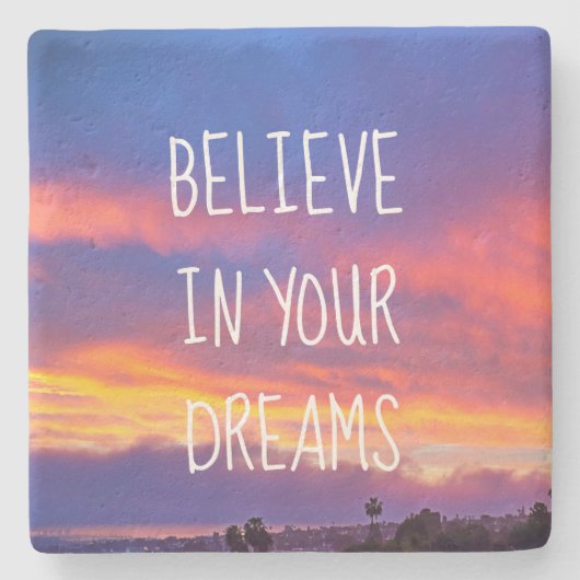 Glauben Sie an Ihre Träume Orange Lila Sunset Foto Steinuntersetzer (Vorderseite)