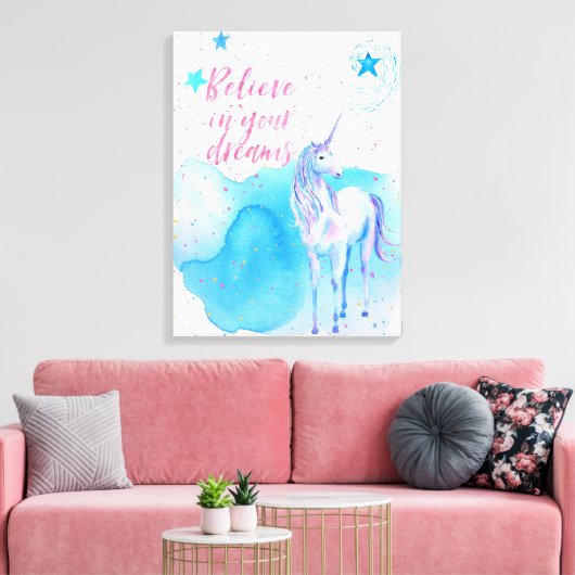 Glauben Sie an Ihre Träume Unicorn Leinwanddruck (Insitu (Wohnzimmer))