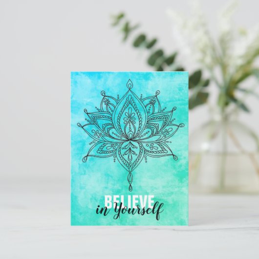 Glauben Sie an sich selbst Lotus Mandala Türkis Postkarte (Stehend Vorderseite)