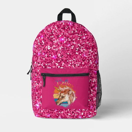 Glauben Sie Einhorn mit rosa Glitzer Bedruckter Rucksack (Vorderseite)
