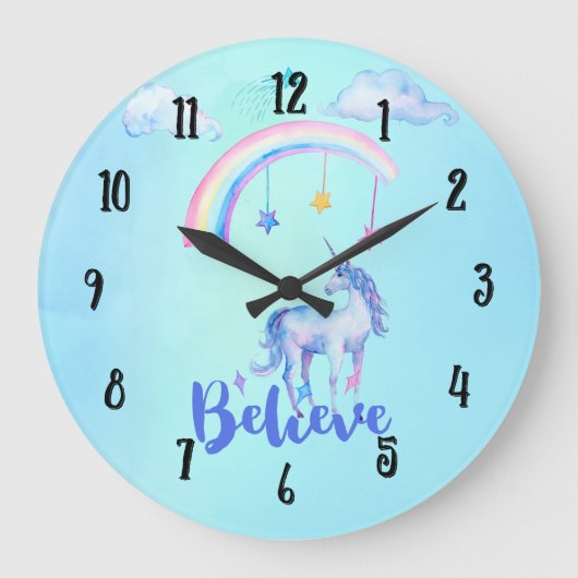 Glauben Sie mit einem Einhorn unter einem Regenbog Große Wanduhr (Vorderseite)