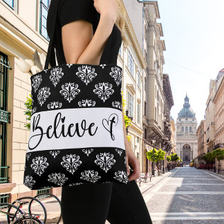 Glauben Sie moderne Drehbuch Schwarz-weiß Damask C Tasche