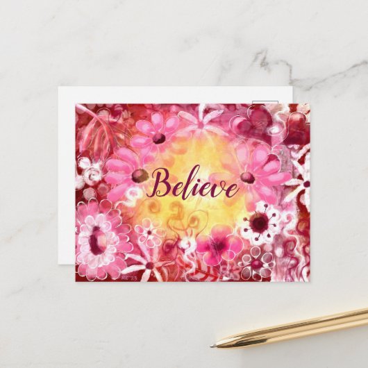 Glauben Whimsical Floral Pink Rot Blume Gelb Postkarte (Vorderseite/Rückseite Beispiel)