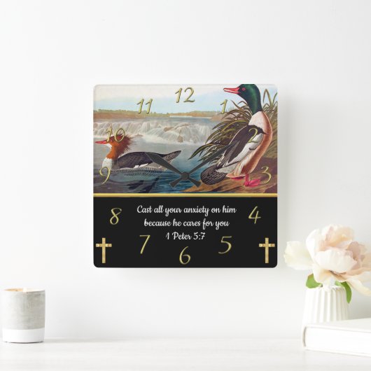 Glaubenskreuz mit zwei Enten 1 Peter 5:7 Quadratische Wanduhr (Zuhause)
