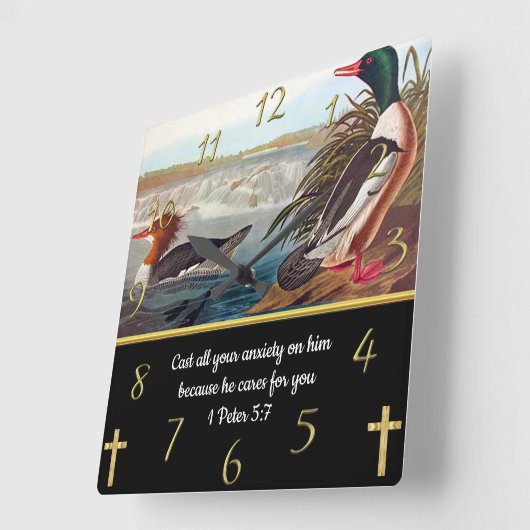 Glaubenskreuz mit zwei Enten 1 Peter 5:7 Quadratische Wanduhr (Winkel)
