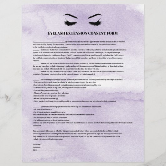 GLAUBWÜRDIGES Lilac EYELASH EXTENSION CONSENT FORM Flyer (Vorne)