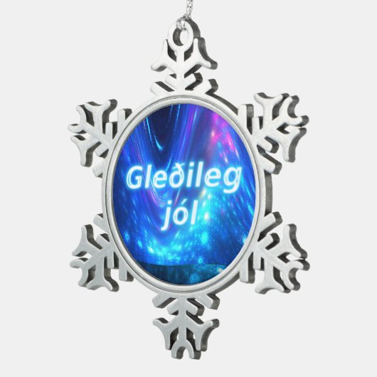 Gleðileg Jól - Qaanaq - Nordlichter Schneeflocken Zinn-Ornament (Rechts)