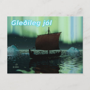 Gleðileg Jól - Viking Ship and Northern Lights Postkarte