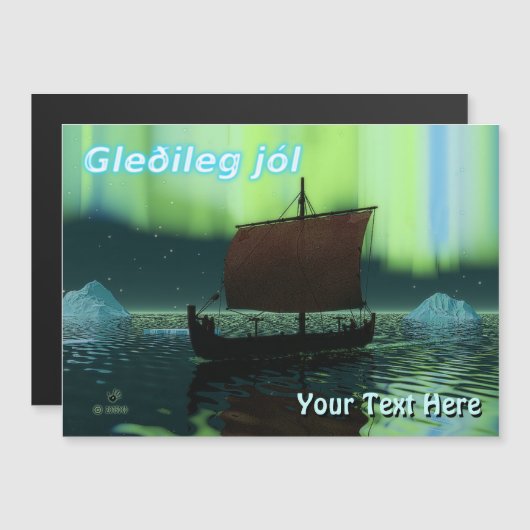 Gleðileg Jól - Wikingschiff unter Nordlicht Magnetkarte (Vorne/Hinten)