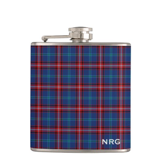 Glenn Tartan Monogram Bright Blue und Red Kariert Flachmann (Vorderseite)