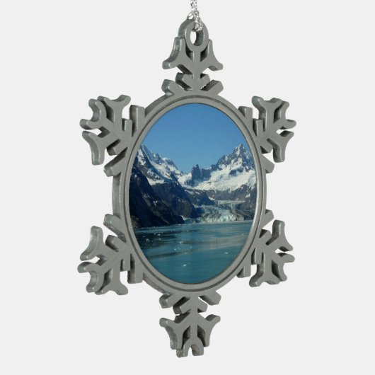 Gletschergewässer von Alaska Gefüttert Schneeflocken Zinn-Ornament (Links)