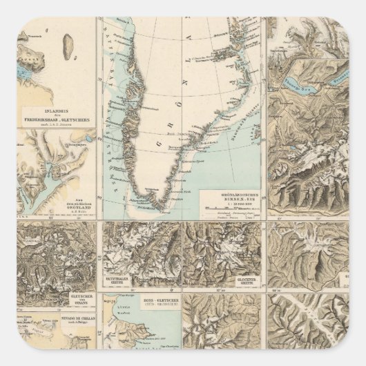 Gletscherkar te - Glacier Atlas Map Quadratischer Aufkleber (Vorderseite)