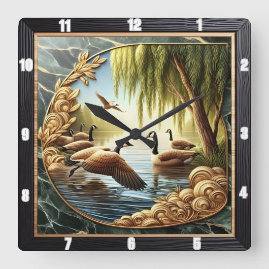 Gliding Geese Rustic River Quadratische Wanduhr (Vorderseite)