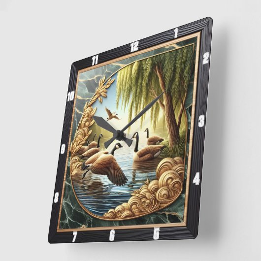 Gliding Geese Rustic River Quadratische Wanduhr (Winkel)