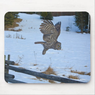 Gliding Great Gray Owl and Snow Wildlife Raptor Mousepad