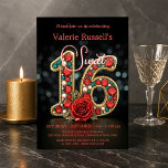 Glimmering Ruby Aquamarin Pearl Gemstone Rose Swee Einladung<br><div class="desc">Diese Sweet 16 Einladung ist ein schmuckfarbenes Meisterwerk-Set, das vor einer raffinierten Kulisse steht. Der Mittelpunkt ist ein prächtiger "16", sorgfältig mit schimmernden rubinroten Edelsteinen und eleganten aquamarinen Akzenten geschmückt, die alle das Licht wie eine Sternenkonstellation einfangen. Cremeweiße Perlen sorgen für eine Touch klassischer Eleganz, während eine samtige rote Rose...</div>