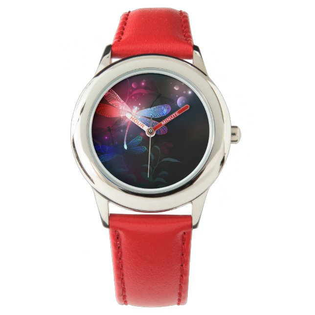 Glimmerne Rote Libelle Armbanduhr (Vorderseite)