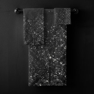 Glimmery Onyx Grunge Silvery Black Glam Damask Badhandtuch Set