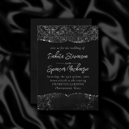 Glimmery Onyx Grunge | Silvery Black Glam Damask Einladung