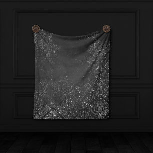 Glimmery Onyx Grunge   Silvery Black Glam Damask Fleecedecke