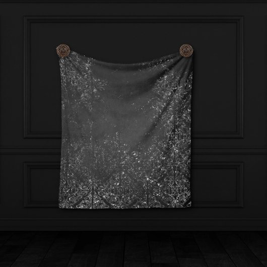 Glimmery Onyx Grunge | Silvery Black Glam Damask Fleecedecke