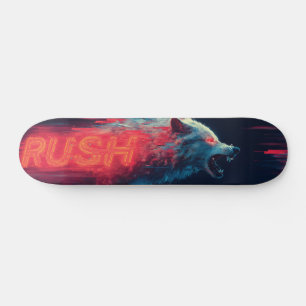 Glitch Art Wolf und Neonrot "RUSH" Text Skateboard