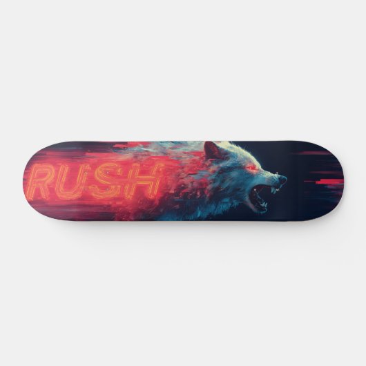 Glitch Art Wolf und Neonrot "RUSH" Text  Skateboard (Horizontal)