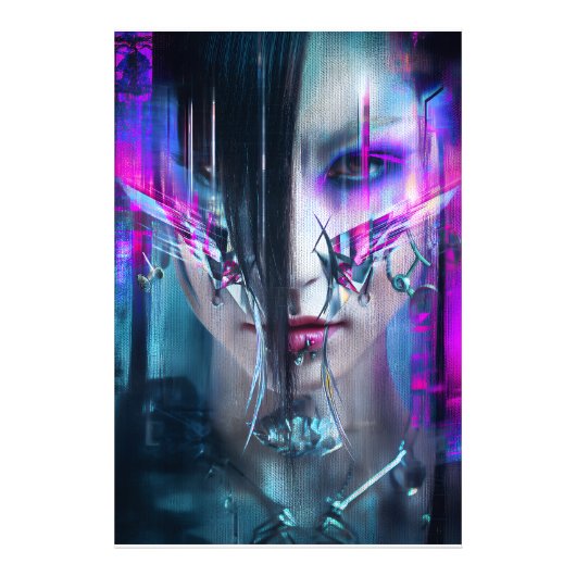 Glitch Cyberpunk Face Neon Distortion Portrait Fotodruck (Vorne)