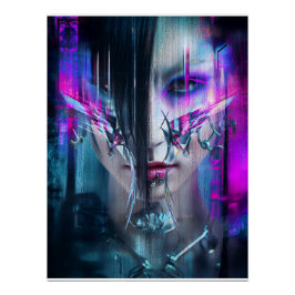 Glitch Cyberpunk Face Neon Distortion Portrait Poster