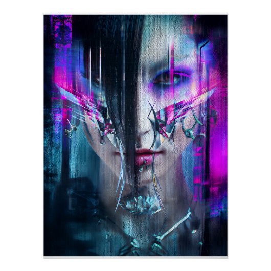 Glitch Cyberpunk Face Neon Distortion Portrait Poster (Vorderseite)