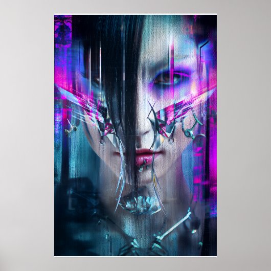 Glitch Cyberpunk Face Neon Distortion Portrait Poster (Vorne)