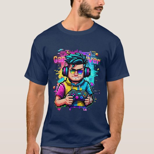 Glitch Gamer T - Shirt Neon Pixel Art Gaming (Vorderseite)