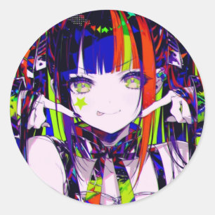 Glitchcore-Neon-Anime-Girl-Stern-Wange Runder Aufkleber