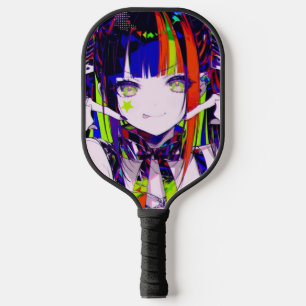 Glitchcore-Neon-Anime-Girl Sternwarze Wange Pickleball Schläger