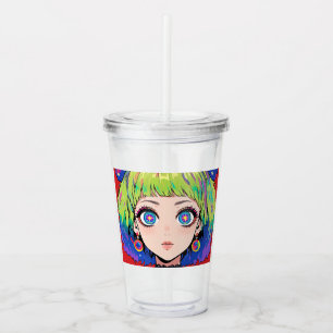 Glitchcore Weltraumgirl mit Sternenaugen Acryltrinkbecher