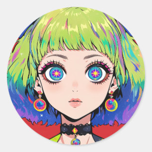 Glitchcore Weltraumgirl mit Sternenaugen Runder Aufkleber