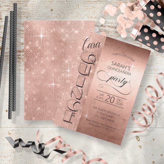 Glitter and Shine Quinceanera Rose Gold ID701 Einladung