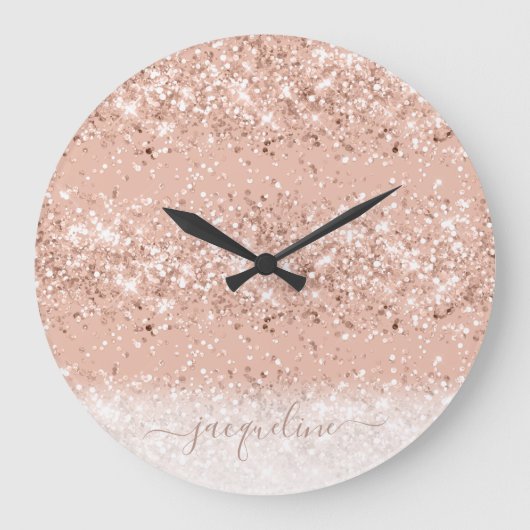 Glitter Blush Pink Rose Gold Monogram Große Wanduhr (Vorderseite)