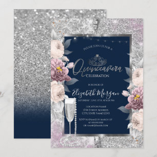 Glitter, Boho-Blumen, Glasperlen Blaue Quinceanera Einladung