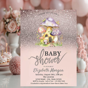 Glitter Bokeh, Florale Pilzhäuser Baby Shower Einladung