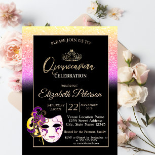 Glitter Bokeh, Tiara, Masquerade Quinceañera Einladung
